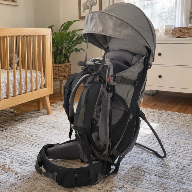 A hiking baby carrier backpack with its sun canopy up, in a nursery.