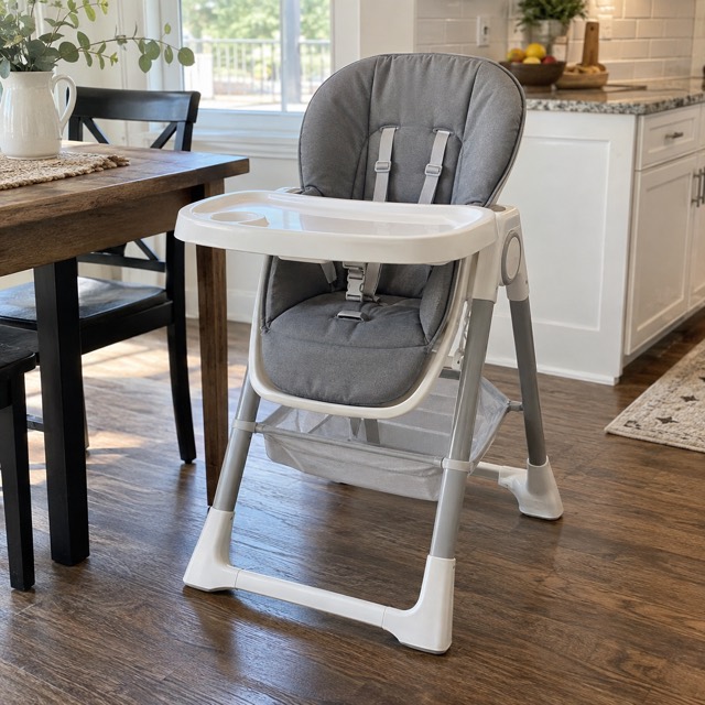 A grey and white high chair beside a dining table.