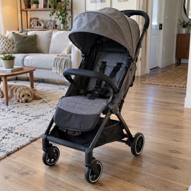 A compact grey travel buggy in a living room.