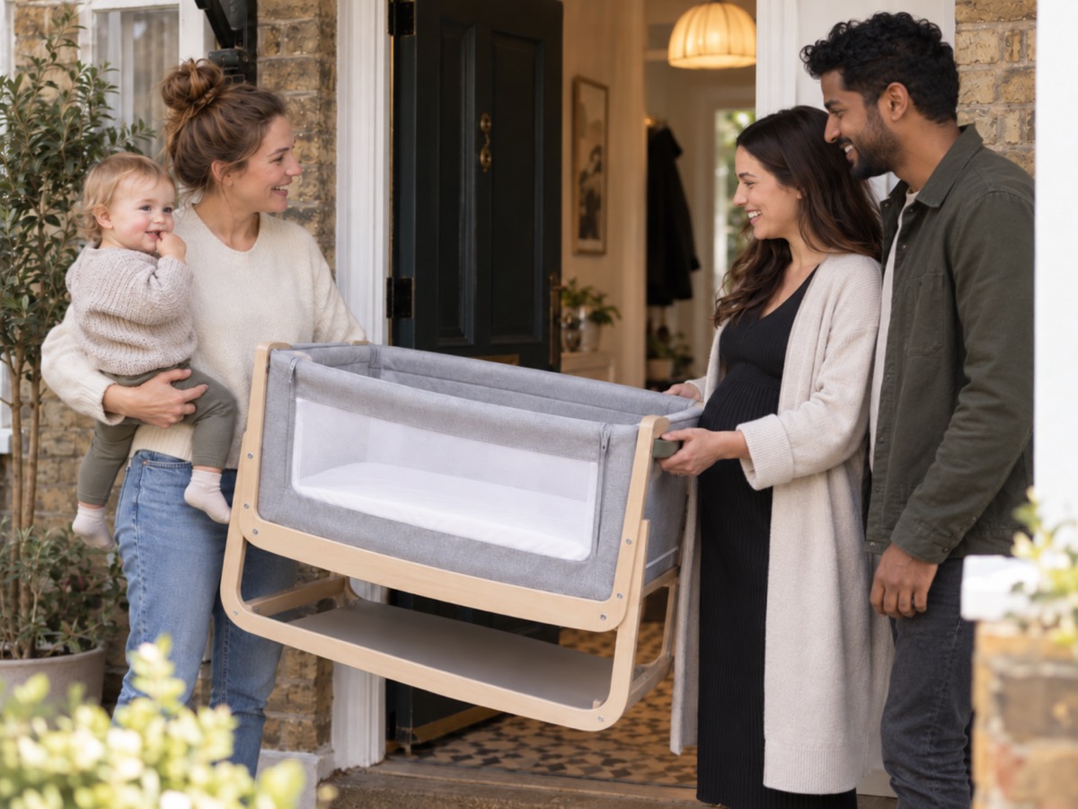 A mum with her one year old handing a next to me crib to an expectant couple.