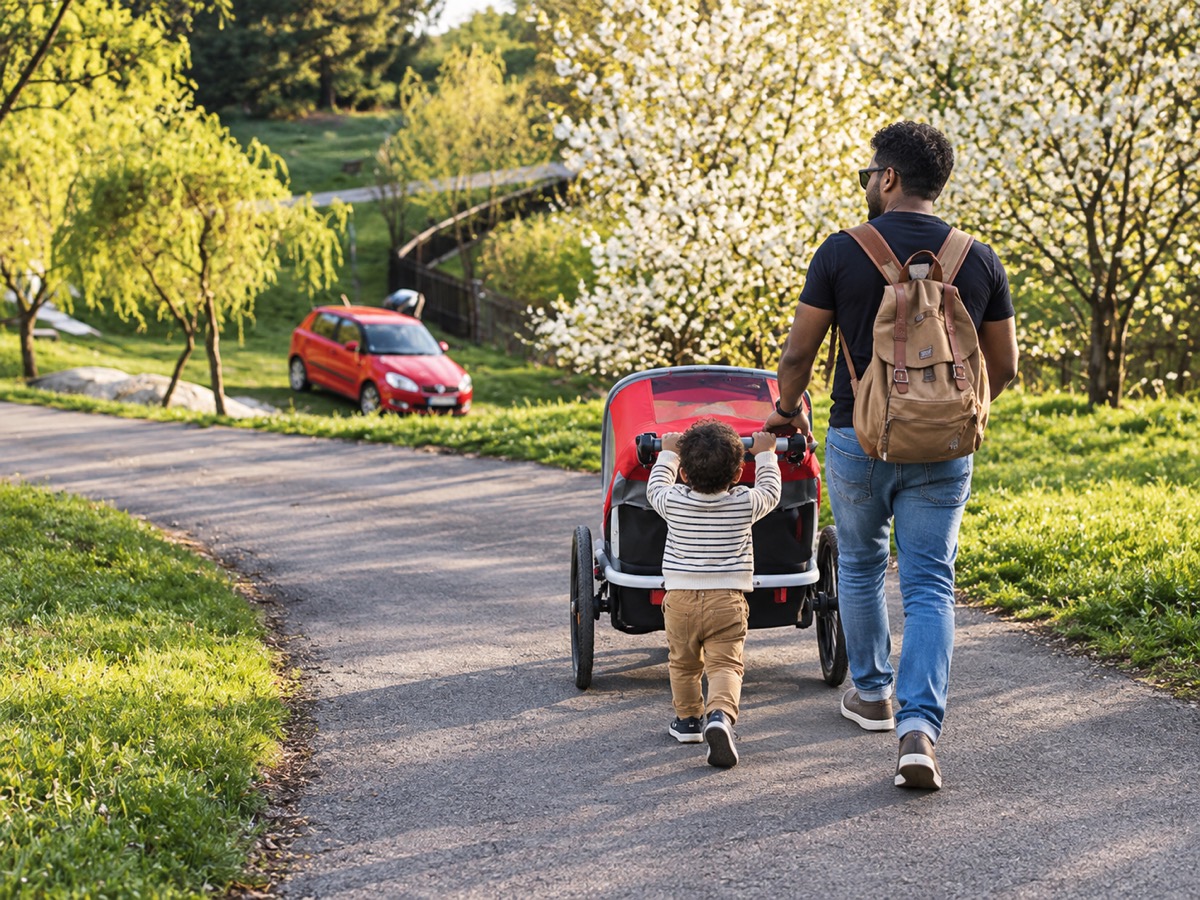 A dad walking a park path beside his toddler, who is pushing their red running buggy.